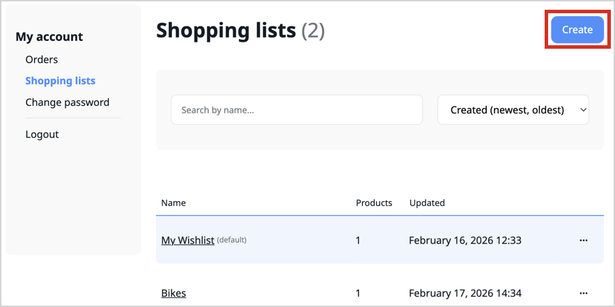 Shopping lists management interface with an highlight on the "Create" button