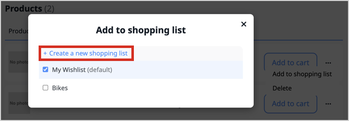 Shopping list product list with three-dots drop-down menu having "Add to shopping list", the "Add to shopping list" pop-in modal with an highlight on the "+ Create an new shopping list" option